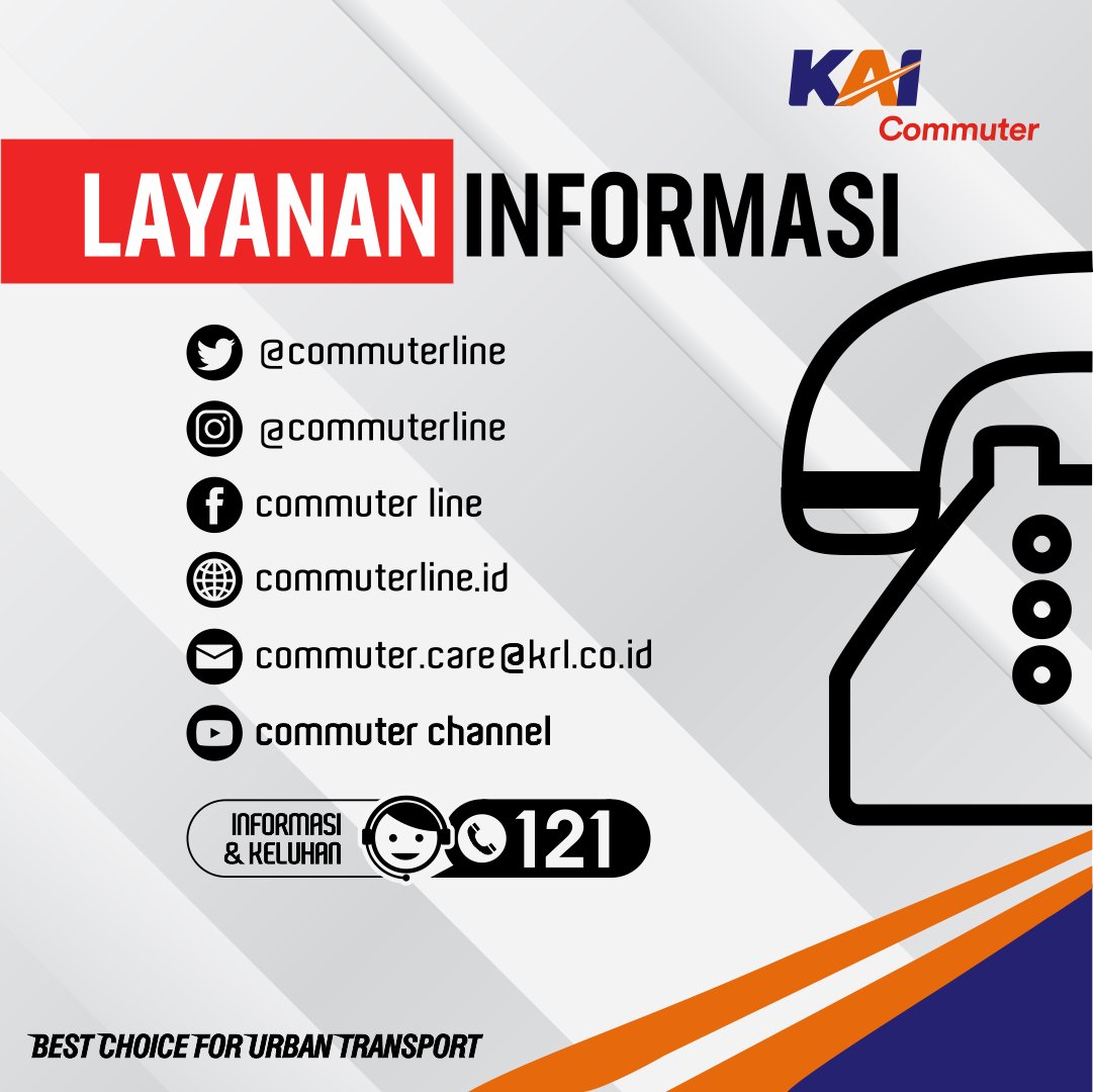 #RekanCommuters Informasi resmi mengenai layanan KAI Commuter dapat dilihat melalui sosial media
<a href="/CommuterLine/">KAI Commuter</a>
&amp; website resmi commuterline.id atau dapat hubungi Contact Center di 021-121 atau 121.