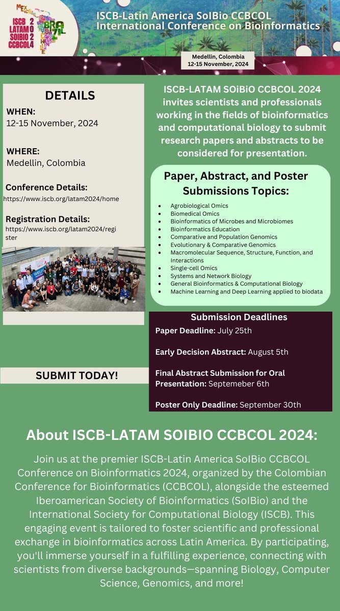 🌐 Are you holding insights to scientific discoveries? Join ISCB-LATAM SOiBiO CCBCOL 2024! Submissions are OPEN! Showcase your work now! 🎉 #Bioinformatics #ComputationalBiology