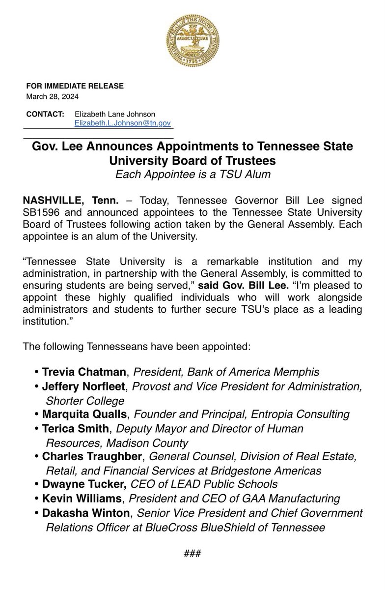 We voted at 11:00am today. Governor signed the bill into law this afternoon. The new appointments were announced moments ago... TENNESSEE STATE UNIVERSITY BOARD OF TRUSTEES.