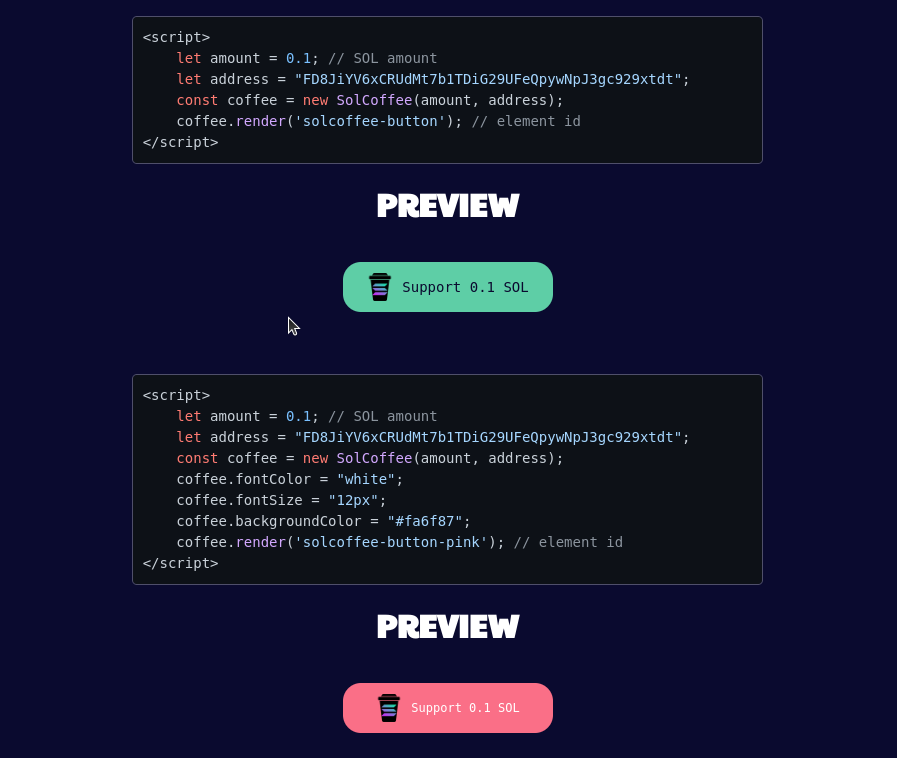 SolCoffee Button Customization released!

Integration to your website: docs.solcoffee.io/product/integr…

CA: 2maThGjN2SjzdUrvfG5e9utZ7GiCnnCqGTn19R66zphu

$COFFEE
