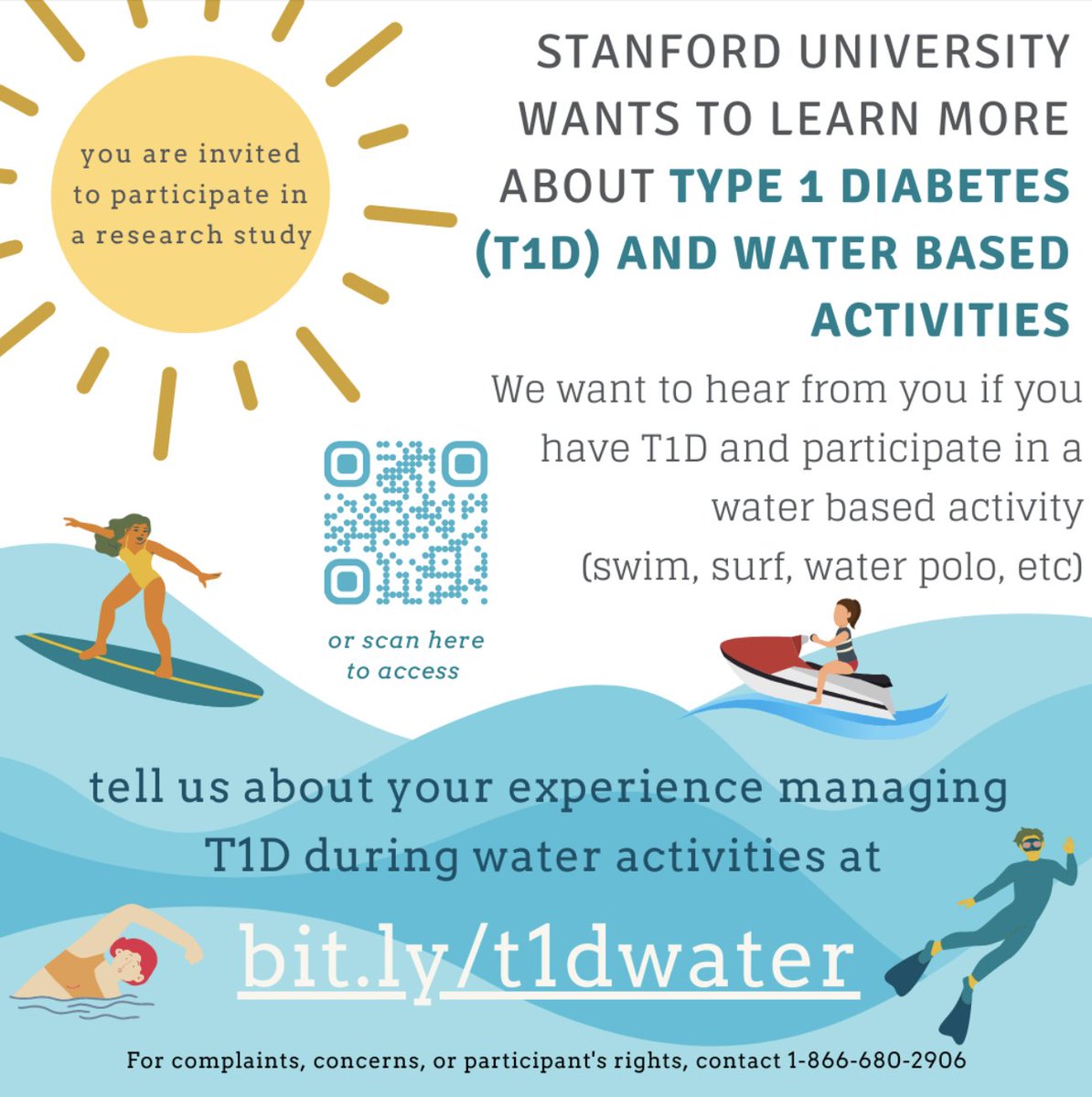 Interested in participating in research studies? Stanford researchers @5Dess & @mikehughes0 created a survey to SHARE YOUR EXPERIENCE with managing #T1D when participating in water-based activities! Fill out the survey here: bit.ly/t1dwater #CGM #closedloop #pump #MDI