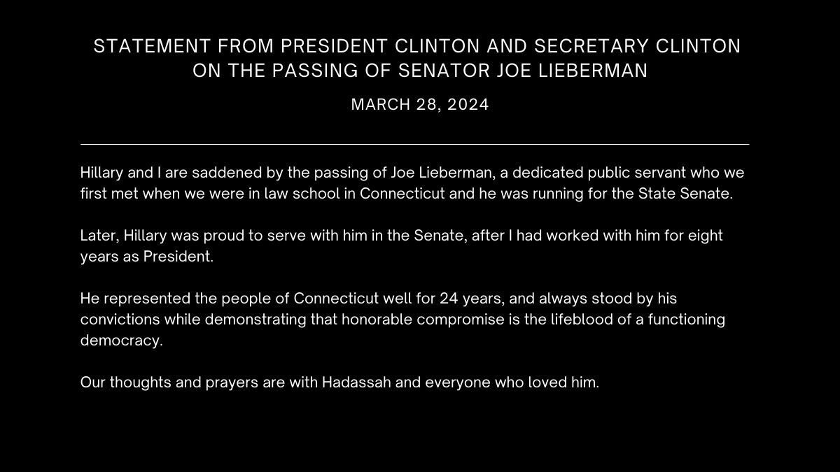 Our statement on the passing of Senator Joe Lieberman.