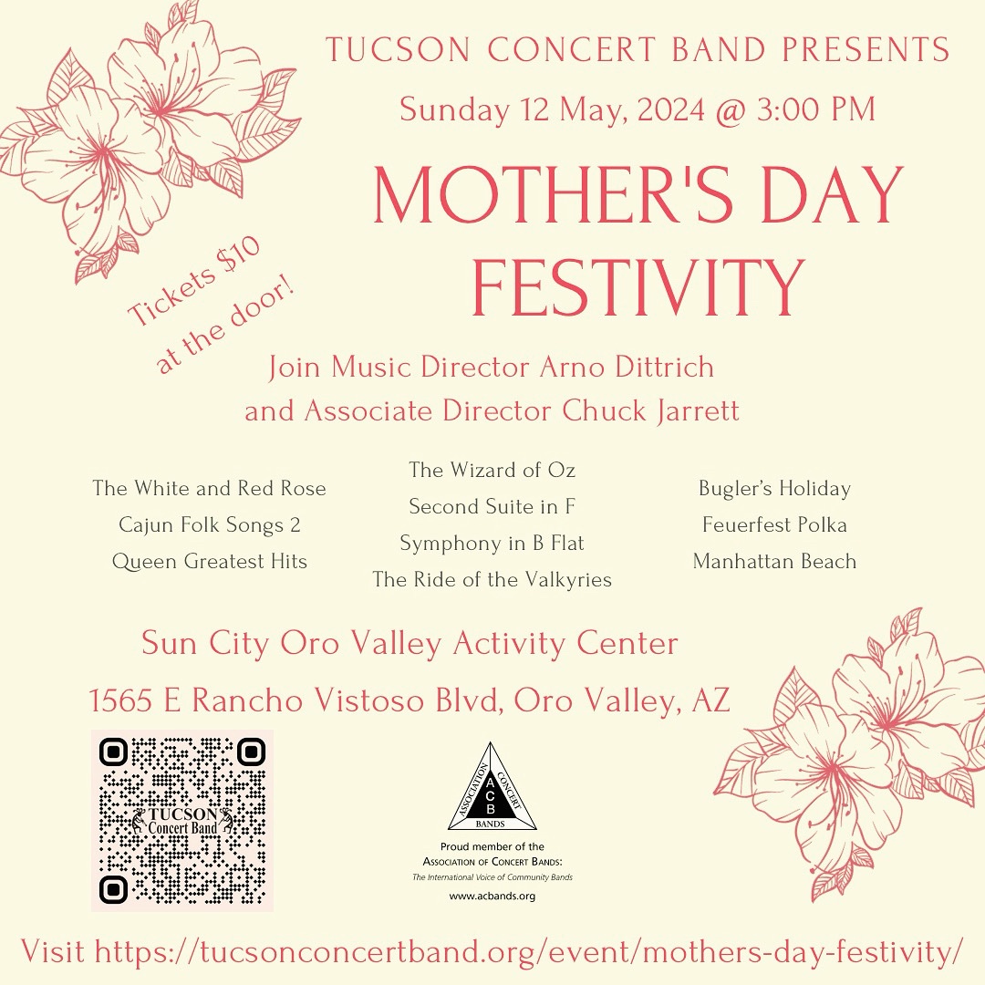 TucsonBand66's tweet photo. Concert announcement!
#tucsonconcertband #music #lovemusic #localmusic #localtucson #tucsonlocal #tucsonmusic #tucson #ThisIsTucson #ThingsToDoInTucson #az #May #Sunday #MothersDay #concert #performance #SunCity #orovalley #BandsofACB https://t.co/5vGbRZJ1aU