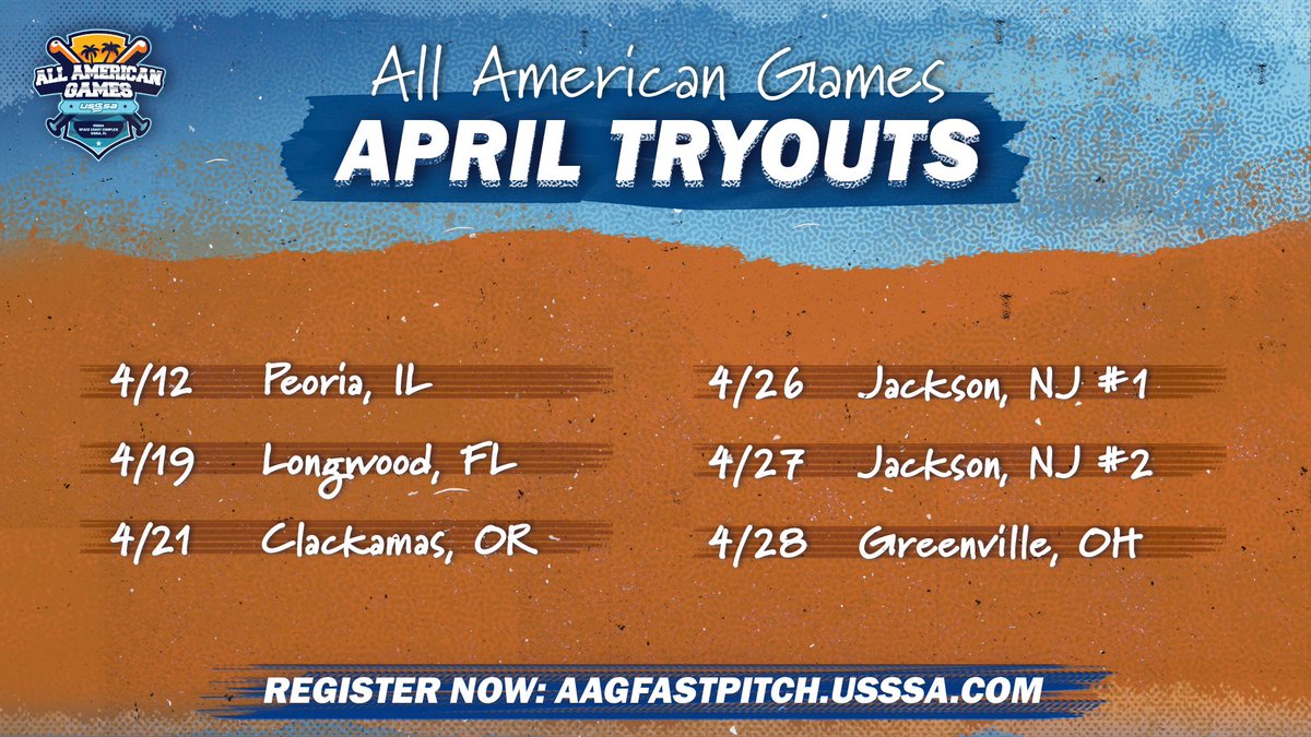 Check out our April All American Games tryouts that are right around the corner! 🥎 It's not too late to sign up! ⬇️ aagfastpitch.usssa.com/aag-tryouts/ #AAGFP #PlayUSSSA