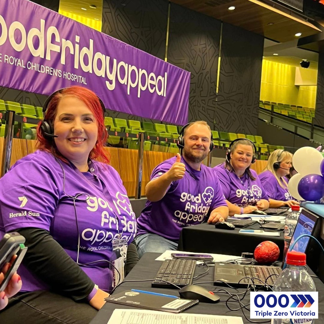 This year, like every year, Triple Zero Victoria Call-Takers and Dispatchers volunteer their time on the phones for the @GoodFriAppeal #GoodFridayAppeal.

Thank you to everyone who donates, every donation big or small, makes an enormous difference.

 📷 Amy, Tristan + Paula, 2023