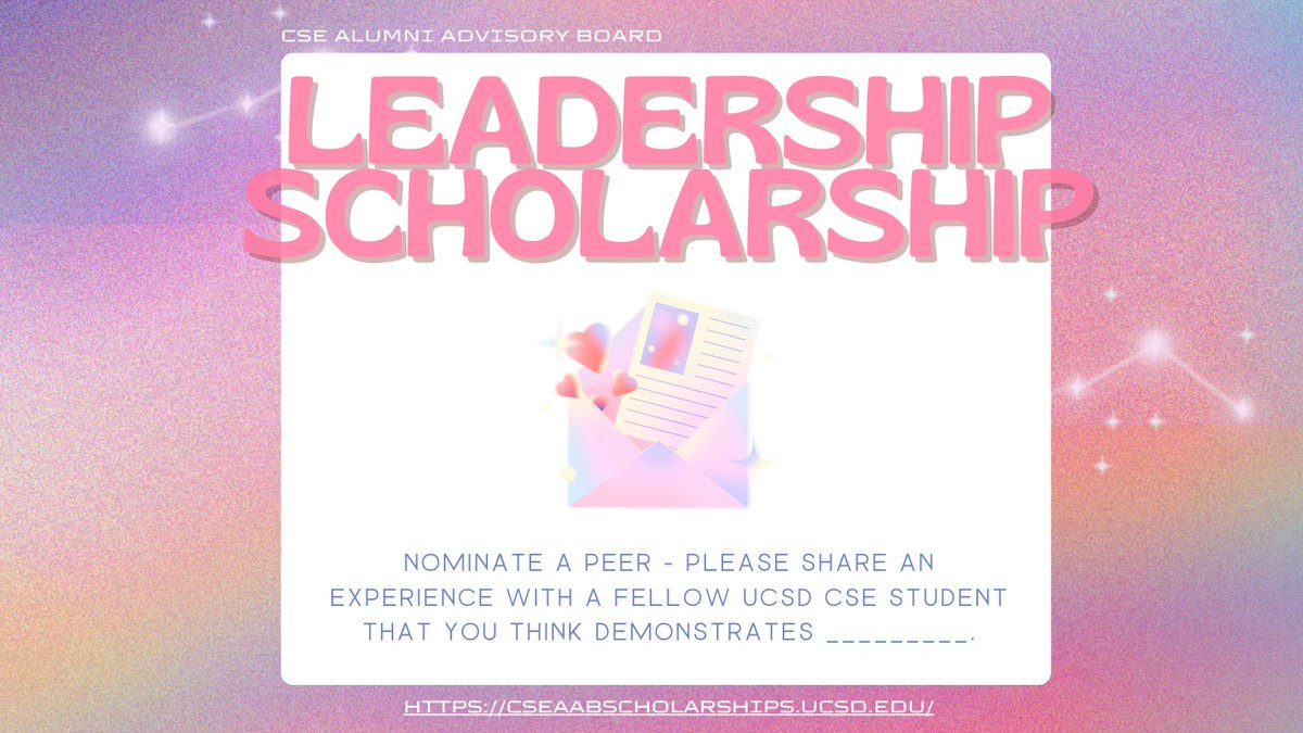 Undergrads and Master’s CSE students: share an experience with a fellow CSE student that you feel demonstrates the values of the dept. for a chance to receive a $1K #CSEAAB Leadership Scholarship. cseaabscholarships.ucsd.edu Deadline April 26. @ucsandiego @UCSDJacobs #Scholarship