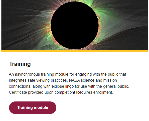 Are you conducting eclipse outreach? We've got an an asynchronous training module for engaging with the public! Certificate provided upon completion. Requires enrollment. * bit.ly/4ccYvb1