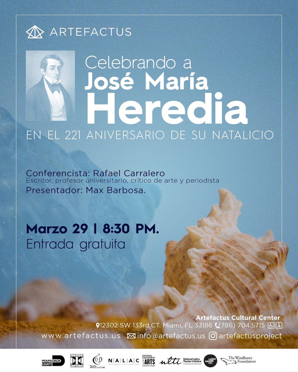 Este viernes 29 de marzo, a las 8:30 p.m., el escritor e investigador literario Rafael Carralero dará una conferencia sobre el gran poeta cubano José María Heredia en el Centro Cultural Artefactus. @artefactuspro #josemariaheredia #rafaelcarralero #poesia