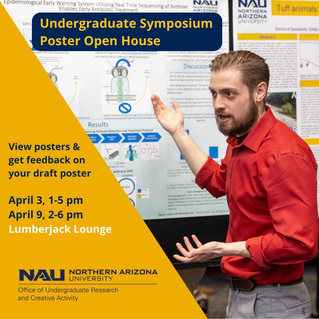 Need help with your poster? Want to see what other students have presented in the past? Visit us at the Lumberjack Lounge on Wednesday April 3 and Tuesday April 9 to get feedback and guidance regarding your Symposium poster!
