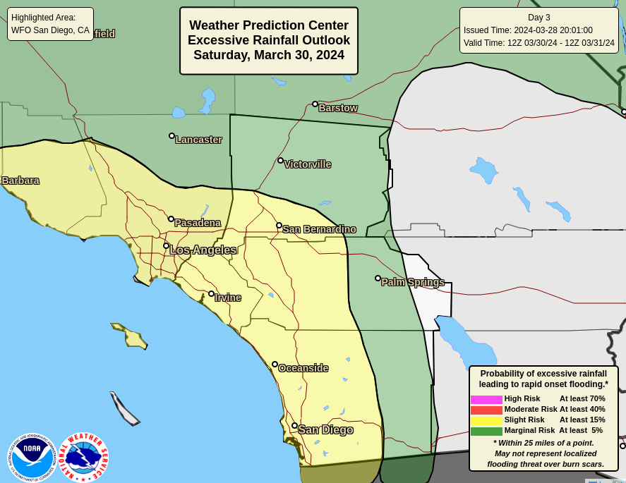 This map shows the areas where excessive rainfall, mainly Friday night and Saturday, could cause urban and small stream flooding #cawx #socal