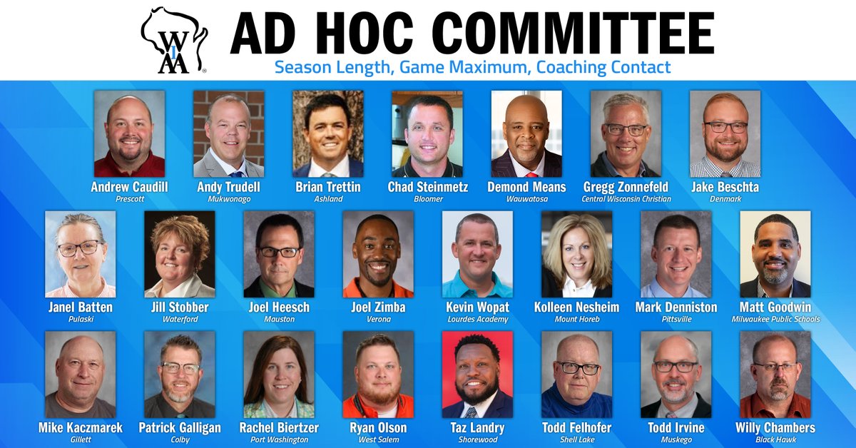 23 individuals have been selected for an ad hoc committee to study season length, game maximums & coaching contact. The WIAA office received 189 letters from school administrators who expressed interest in serving on the committee. Visit wiaawi.org/News/News-Arti… for more info.