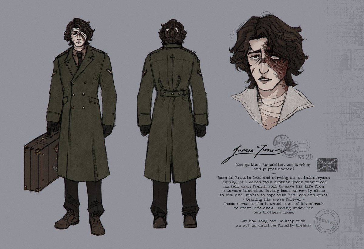 My WWII ex-soldier + puppeteer guy finally has a name (James Turner) and a solid reference to boot 💕✨