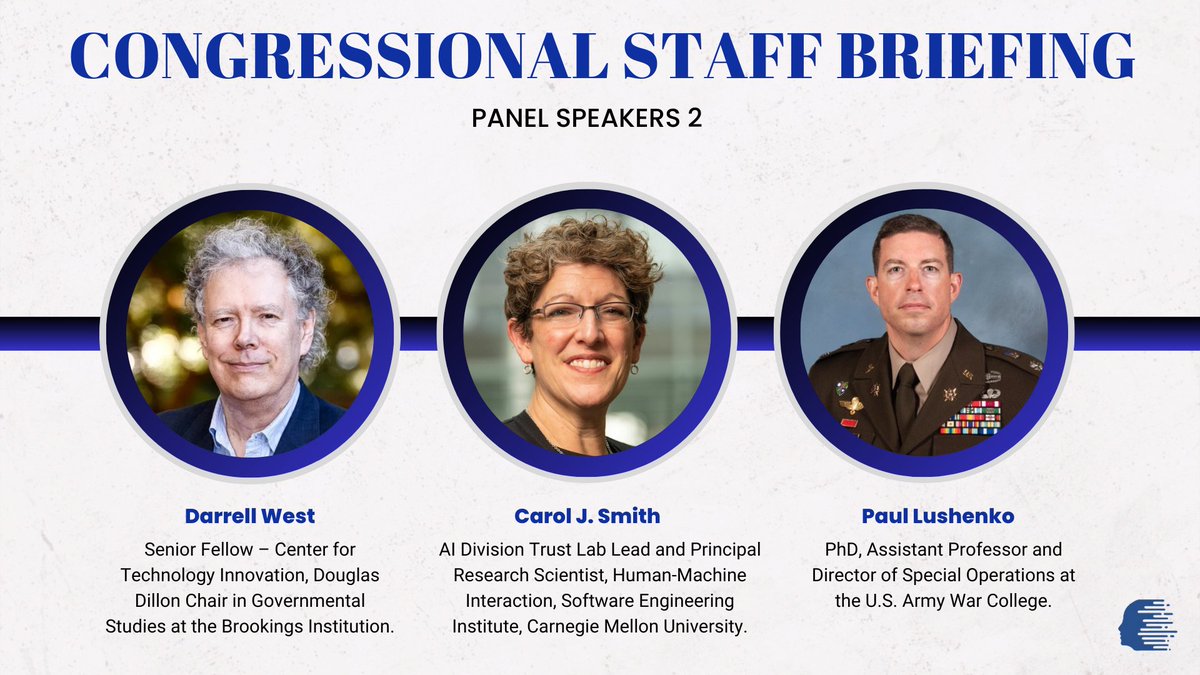 🌟 Exciting News Alert! 🌟 🎙️ We're thrilled to unveil our panel 2 speakers for our upcoming event on Ethical Considerations of AI: 👨‍💼 Dr. Darrell M. West: Senior Fellow at @BrookingsInst & Dillon Chair in Governmental Studies. 👩‍🔬 Carol J. Smith: AI Division Trust Lab Lead at…