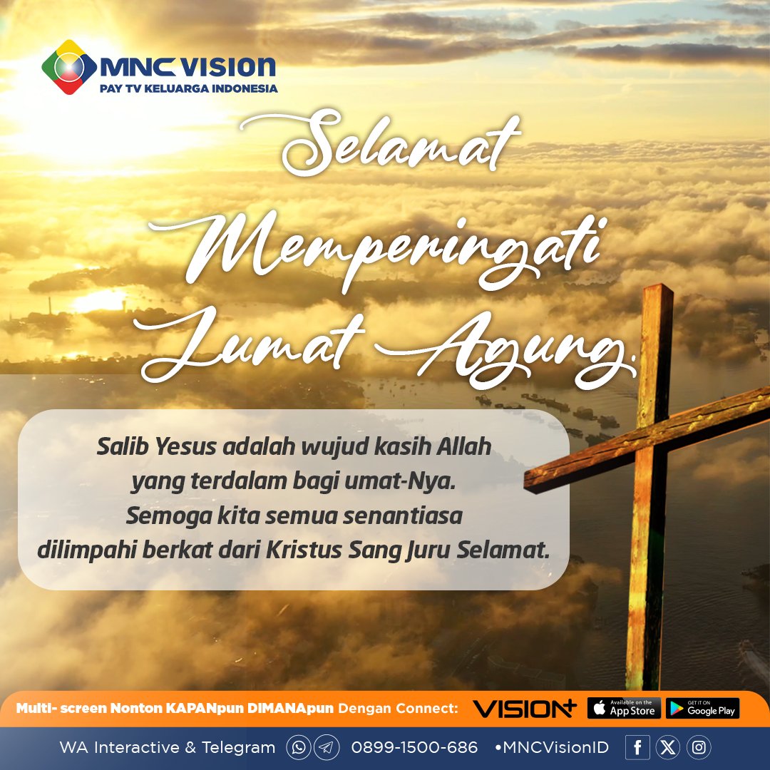 Mari hidup dalam kasih dan damai sebagai bentuk syukur atas kasih-Nya. Semoga Tuhan memberkati kita semua yang merayakannya pada Jumat Agung ini. Selamat hari Jumat Agung ✝️ MNC Vision Pay TV Keluarga indonesia! #JumatAgung #MNCVision #PayTVKeluargaIndonesia #TVBerlangganan