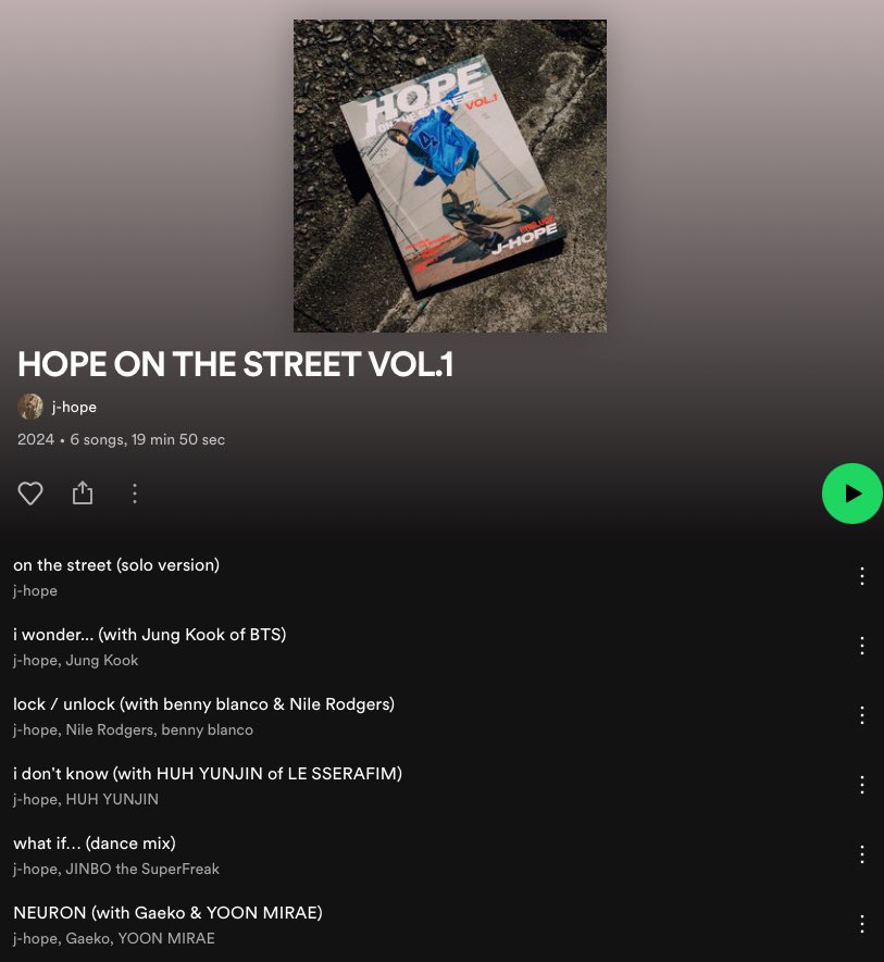 J-Hope's 'Hope On The Street Vol.1' is now available on Spotify. open.spotify.com/album/5mqxdPWQ…