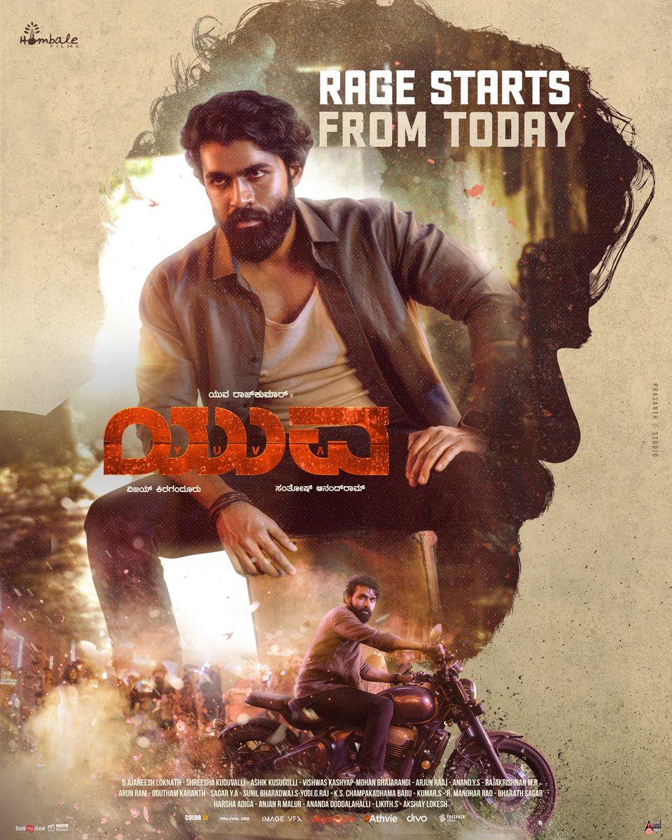 The rage starts from TODAY ⚡️

#YUVA IN CINEMAS NOW! 
Book your tickets &amp; enjoy the action-packed ride 💥

@santhoshAnand15 <a href="/yuva_rajkumar/">YuvaRajkumar</a> <a href="/VKiragandur/">Vijay Kiragandur</a> <a href="/hombalefilms/">Hombale Films</a> <a href="/HombaleGroup/">Hombale Group</a> <a href="/gowda_sapthami/">Sapthami Gowda</a> <a href="/AJANEESHB/">B AJANEESH LOKNATH</a> #VishwasKashyap <a href="/DopShreesha/">ShreeshaDOP</a> #AshikKusugolli #Arjun <a href="/aanandaaudio/">aanandaaudio</a>