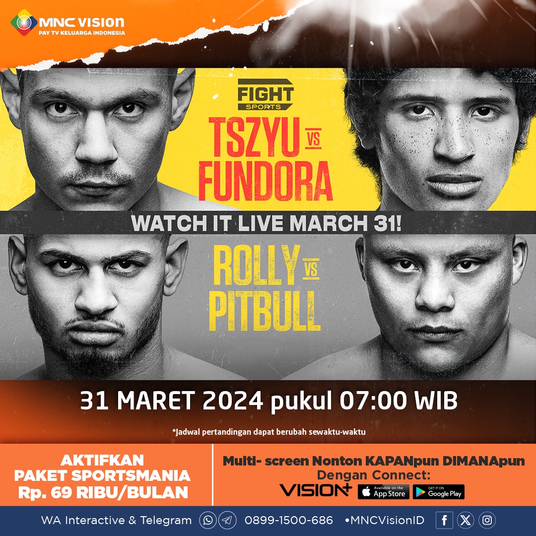 Dua laga tinju akan temani akhir pekanmu! 🥊 Salah satunya akan ada aksi sang juara bertahan welter super WBO dan WBC, Tim Tszyu yang berhadapan dengan Sebastian Fundora 🔥 Saksikan keseruannya LIVE hari Minggu, 31 Maret 2024 pukul 07.00 WIB @ Fight Sports di MNC Vision!🤩