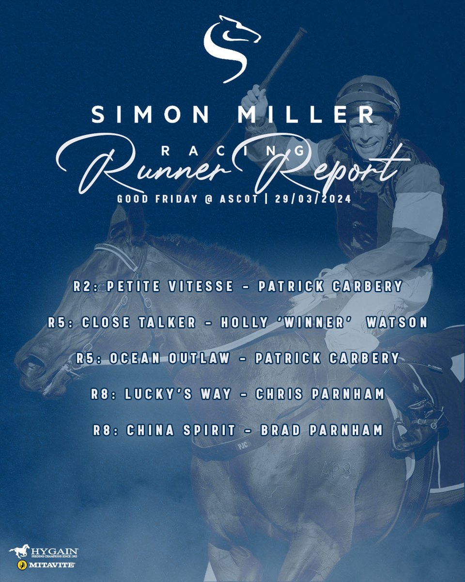 Good Friday featuring five stable starters for #SimonMillerRacing! All the best to our owners today...