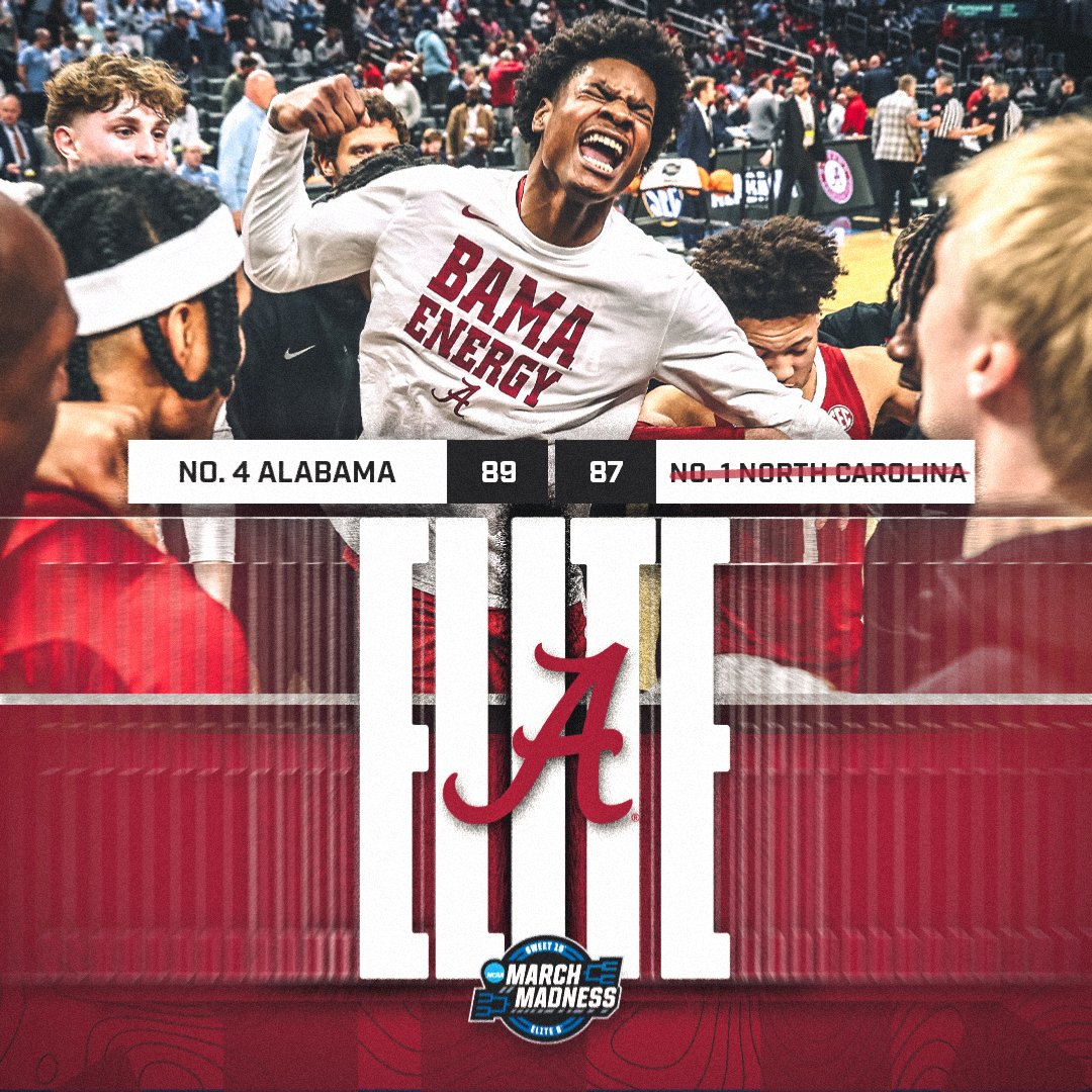 Southeastern Conference (@sec) on Twitter photo BAMA IS ELITE. 🚨
No. 4 <a href="/AlabamaMBB/">Alabama Men’s Basketball</a> knocks off No. 1 North Carolina to reach the Regional Final for the second time in program history – and first in 20 years!
<a href="/MarchMadnessMBB/">NCAA March Madness</a> x #ItJustMeansMore BAMA IS ELITE. 🚨
No. 4 <a href="/AlabamaMBB/">Alabama Men’s Basketball</a> knocks off No. 1 North Carolina to reach the Regional Final for the second time in program history – and first in 20 years!
<a href="/MarchMadnessMBB/">NCAA March Madness</a> x #ItJustMeansMore