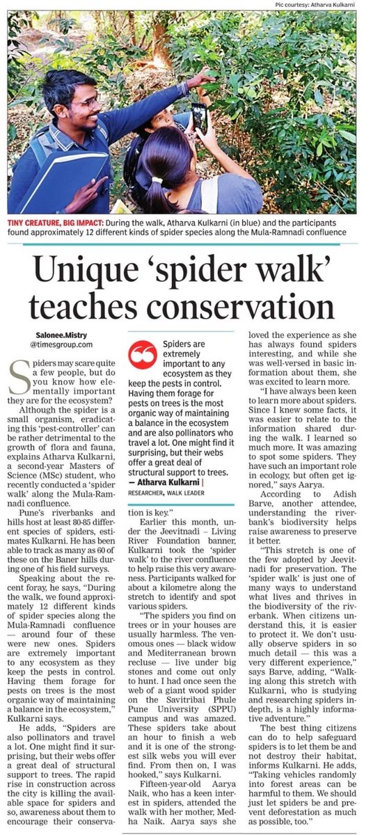 Ft. Our first Spider walk featured in the Times of India🙏🏻👍🏻 arrange on Ram-Mula Confluence Do plan to have your own group walk