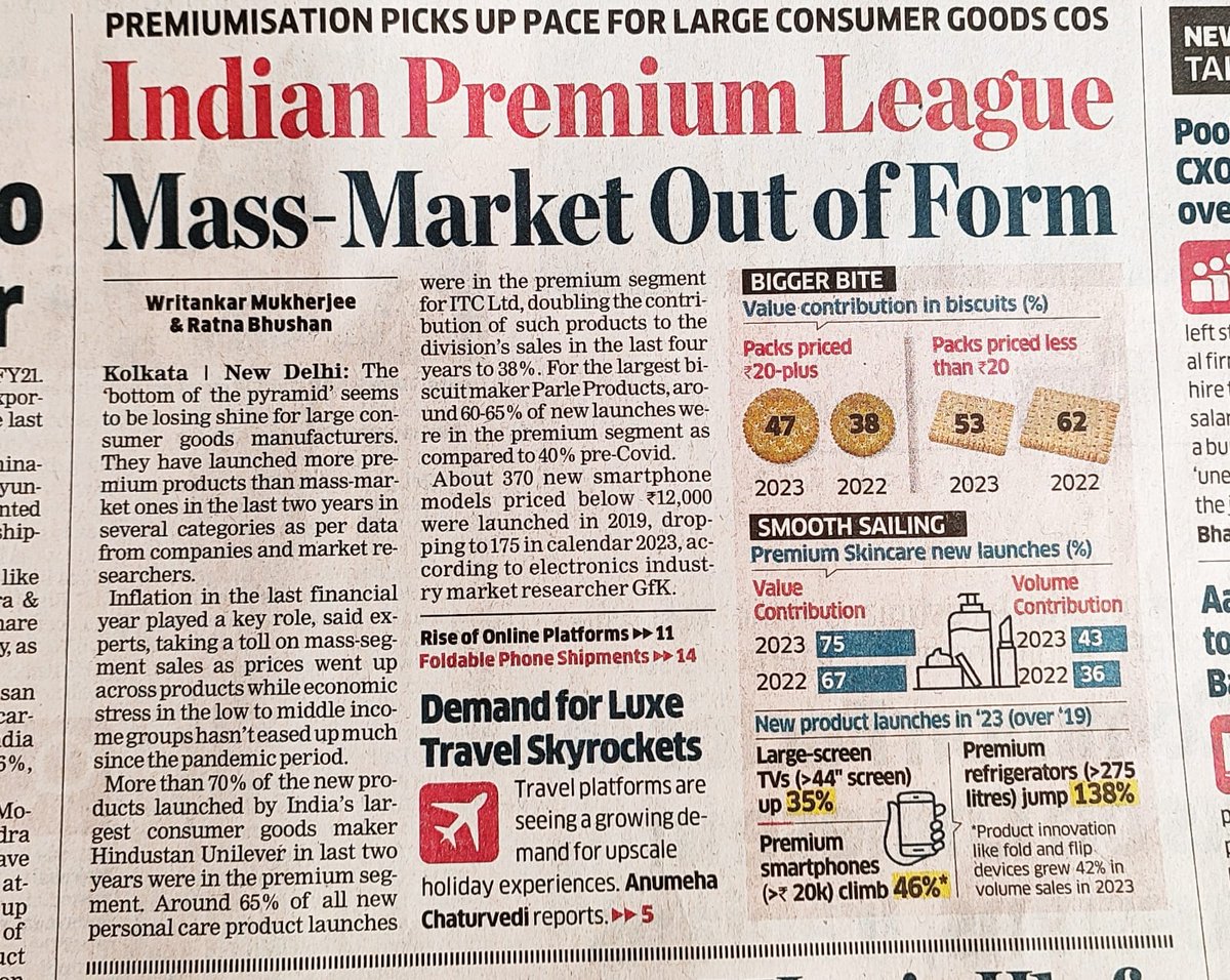 Rahul_J_Mathur's tweet photo. Premiumization is a big theme in India right now:

(1) FMCG
- 70% of HUL's new product portfolio is in the premium segment (past 2 yrs data)

(2) Electronics
- No. of new smartphone variants priced below ₹12,000 have dropped by 1/2 in the past 4 years

(3) Vehicles
- Sales pattern is a "K" shape i.e. in 4Ws, SUV sales are rising at the expense of hatchbacks

As a customer - you might be seeing this in your coffee selection, apparel options or travel decision making