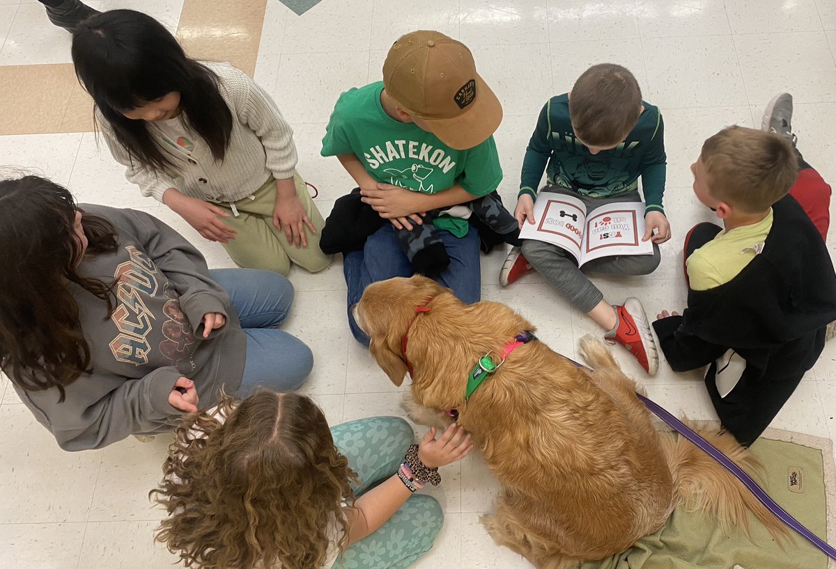 “I LOVE being a #TherapyDog ! Kids read to me, hug me and pet me! I wanna go again! When I was at the puppy mill, I never could have dreamed…” 😃❤️ -Sophie #dogsoftwitter #BrooksHaven #grc #dogcelebration #GoldenRetriever @TherapyDogsInt #RescueDog