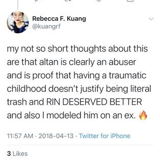 zeinabsdawn's tweet photo. altan, while flawed (they all are) was brought up under horrific circumstances &amp; pressure, similar to nezha. they were BOTH shitty to rin.

so why are we supposed to hate one, but forgive and like the other? https://t.co/vnZXULHyPc