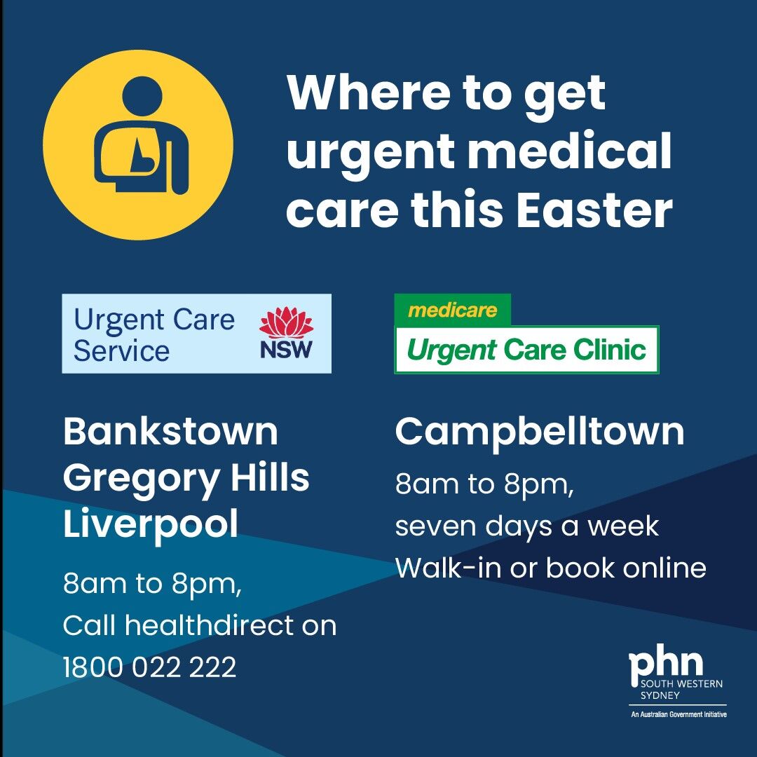 🐰Do you know where to get urgent medical care this Easter? Urgent medical care is available from ⏰8am to 8pm in: 📍Campbelltown 📍Bankstown 📍Gregory Hills 📍Liverpool 🤔Not sure how to access urgent medical care? 🙋‍♂️Visit our website bit.ly/3VCqYRH
