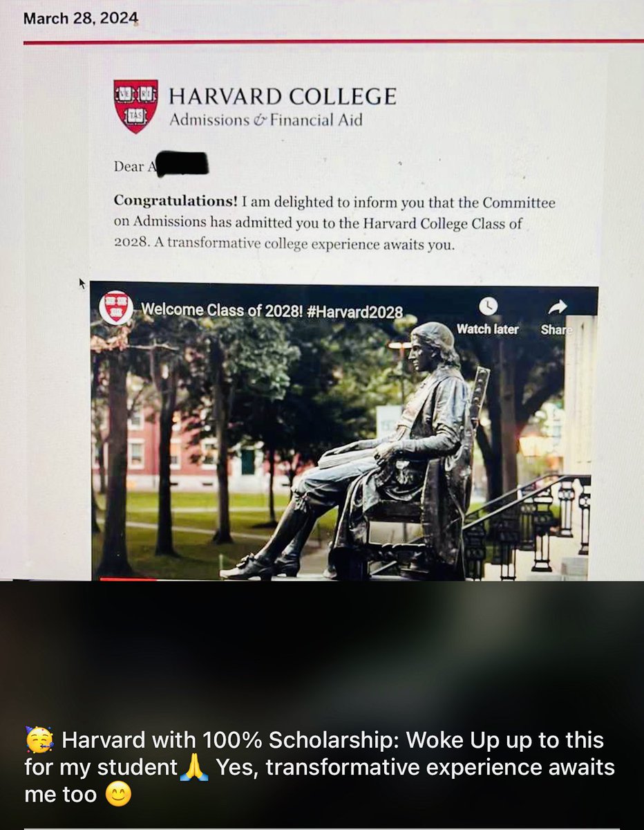 🥳 Woke Up2THIS: Harvard University & More wid 💯% Scholarships 🙏 Thank God 4 making me a medium. 17 Marches ago, I got my 100% & evry yr since 🙇💯💰 #Harvard #IvyLeague #scholarships #FullScholarship #careercounselling #collegecounselor #collegecounseling #StudyAbroad