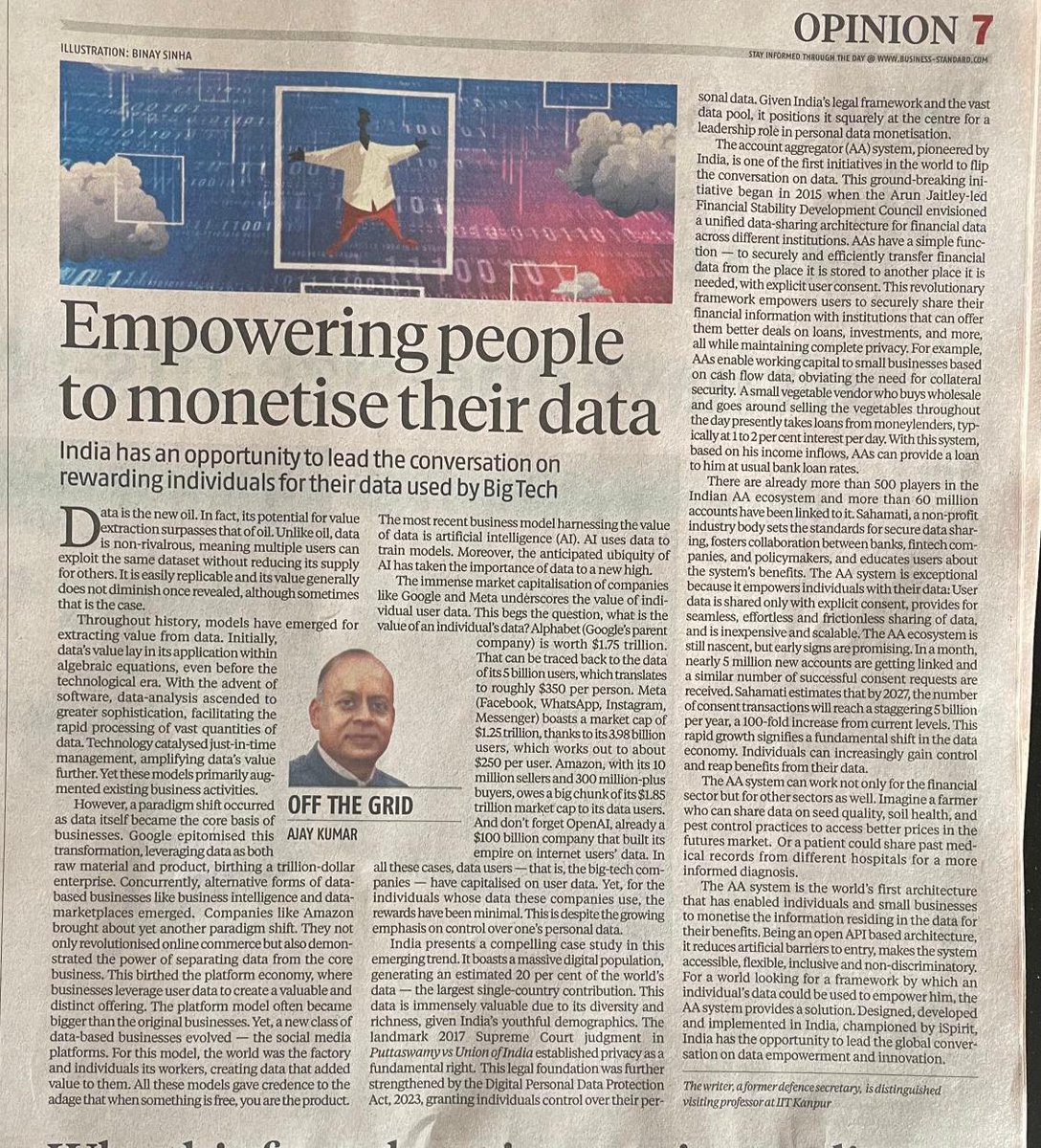 drajaykumar_ias's tweet photo. My article “Empowering people to monetise their data”  in Business Standard today  https://t.co/XJ0tU1vdpE
Google &amp; Facebook have made trillions leveraging our data. Can individuals like you and me monetise our data? Read to know the answer https://t.co/gOd0vSn8Di