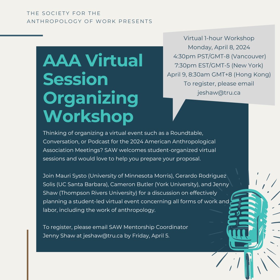 Join @jennyshaw011 (Jenny Shaw), Mauri Systo, Gerardo Rodriguez, and Cameron Butler for this Virtual Session Organizing workshop hosted by @anthrowork! Monday, April 8th and email jeshaw@tru.ca to register! #anthrotwitter