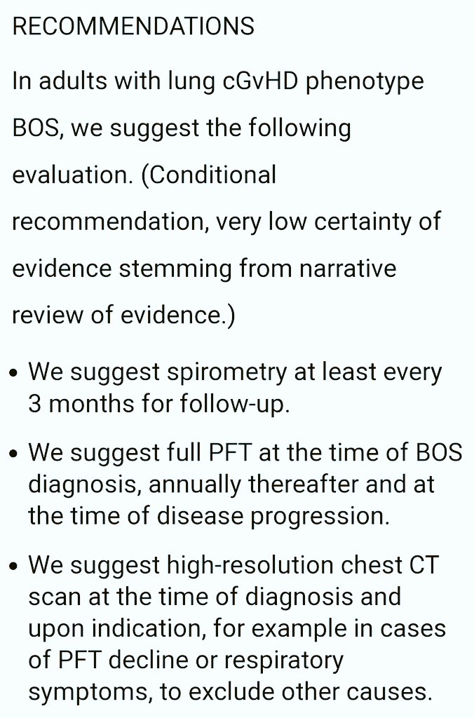 ERS/EBMT guidelines on management of chronic GVHD involving the lung (bronchiolitis obliterans syndrome) Don't miss taking a close look at ancillary components of management in the last part of the document. #BMT #BOS #GVHD