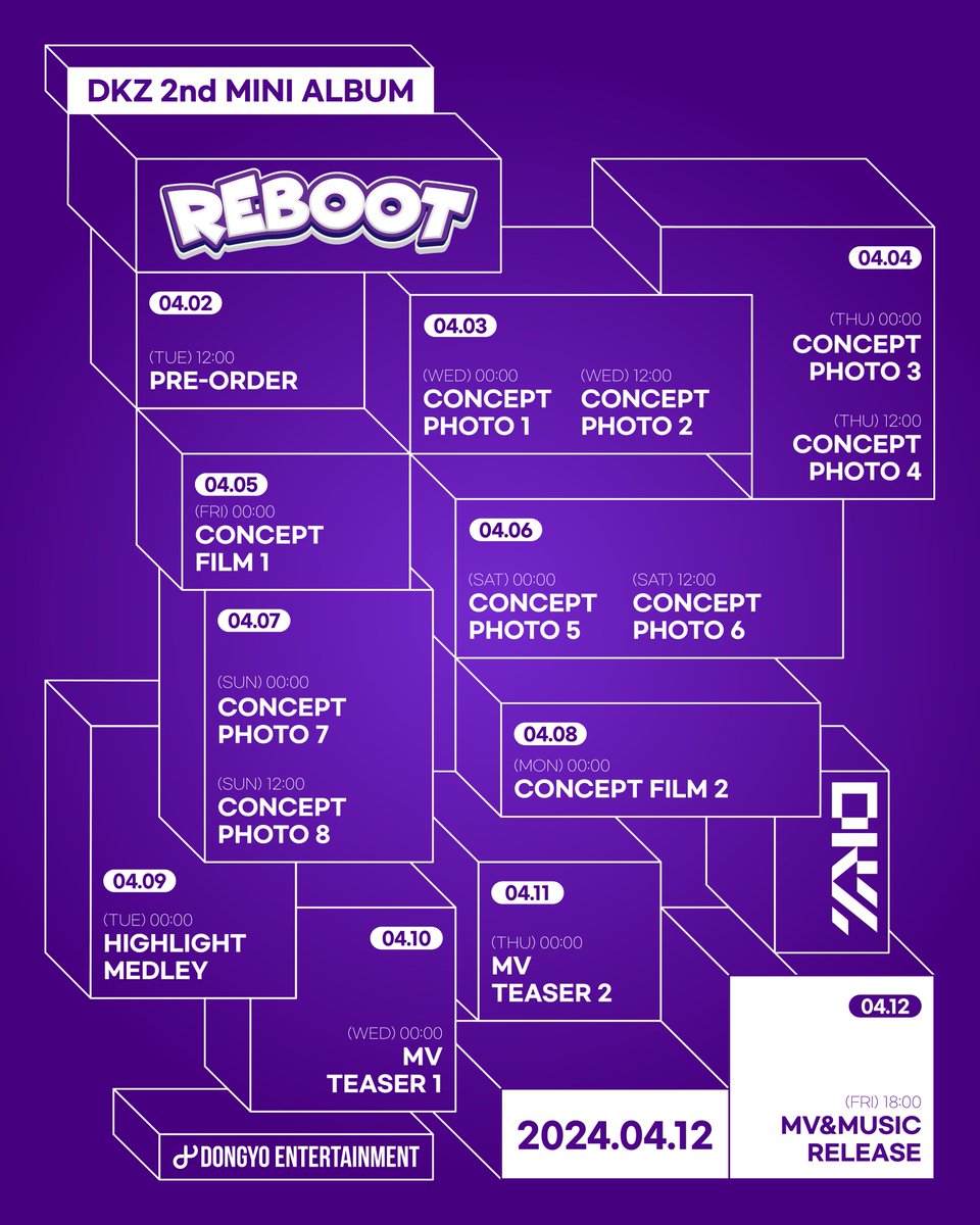 DKZ 2nd Mini Album [REBOOT]

🗓 TEASER SCHEDULE

🎶 2024.04.12 18:00 (KST)

#DKZ #디케이지
#REBOOT