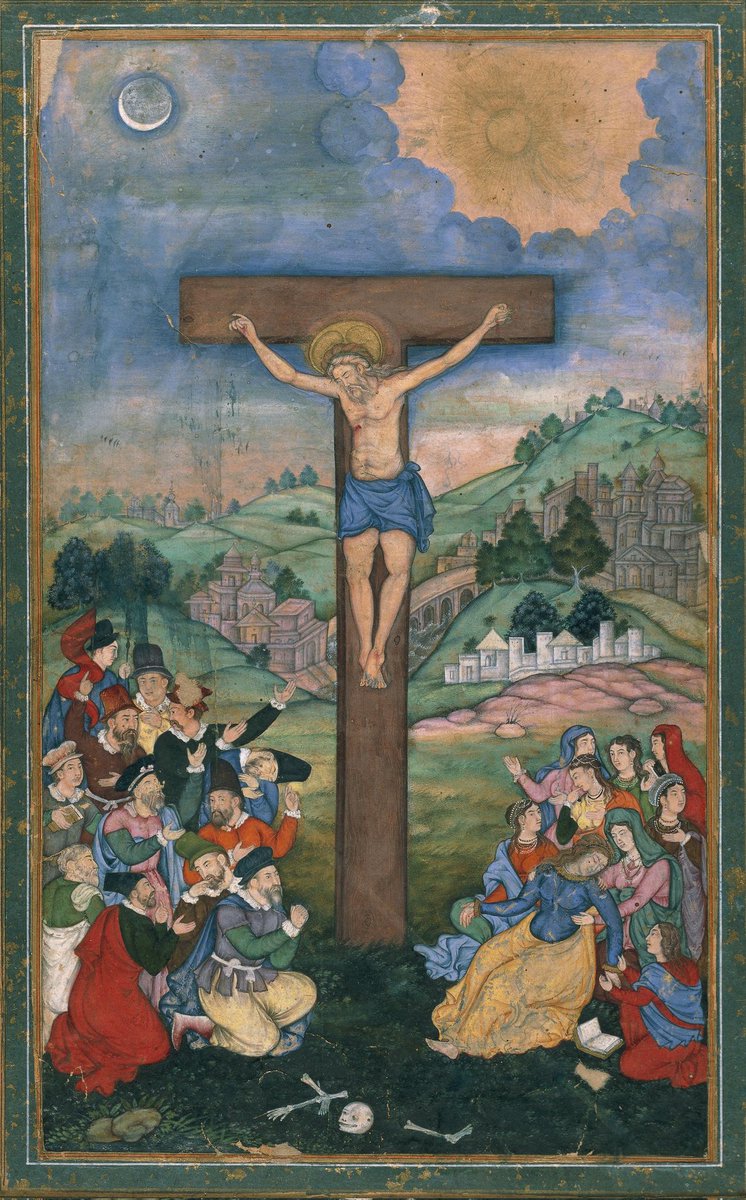 Crucifixion of #JesusChrist c1590 CE painting attributed to Kesu Das, an important artist in the Imperial atelier of the #Mughal Emperor #Akbar at #Agra This painting is now in the @britishmuseum collection #GoodFriday @DalrympleWill @Arthistorian18 @ranjona @vijivenkatesh