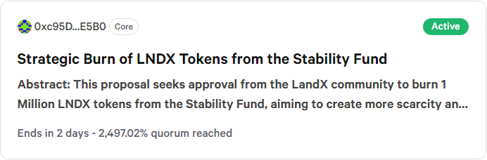 ⏱️Less than 3 days left.

Make your votes count, veLNDX holders.

🔗 snapshot.org/#/landxdao.eth