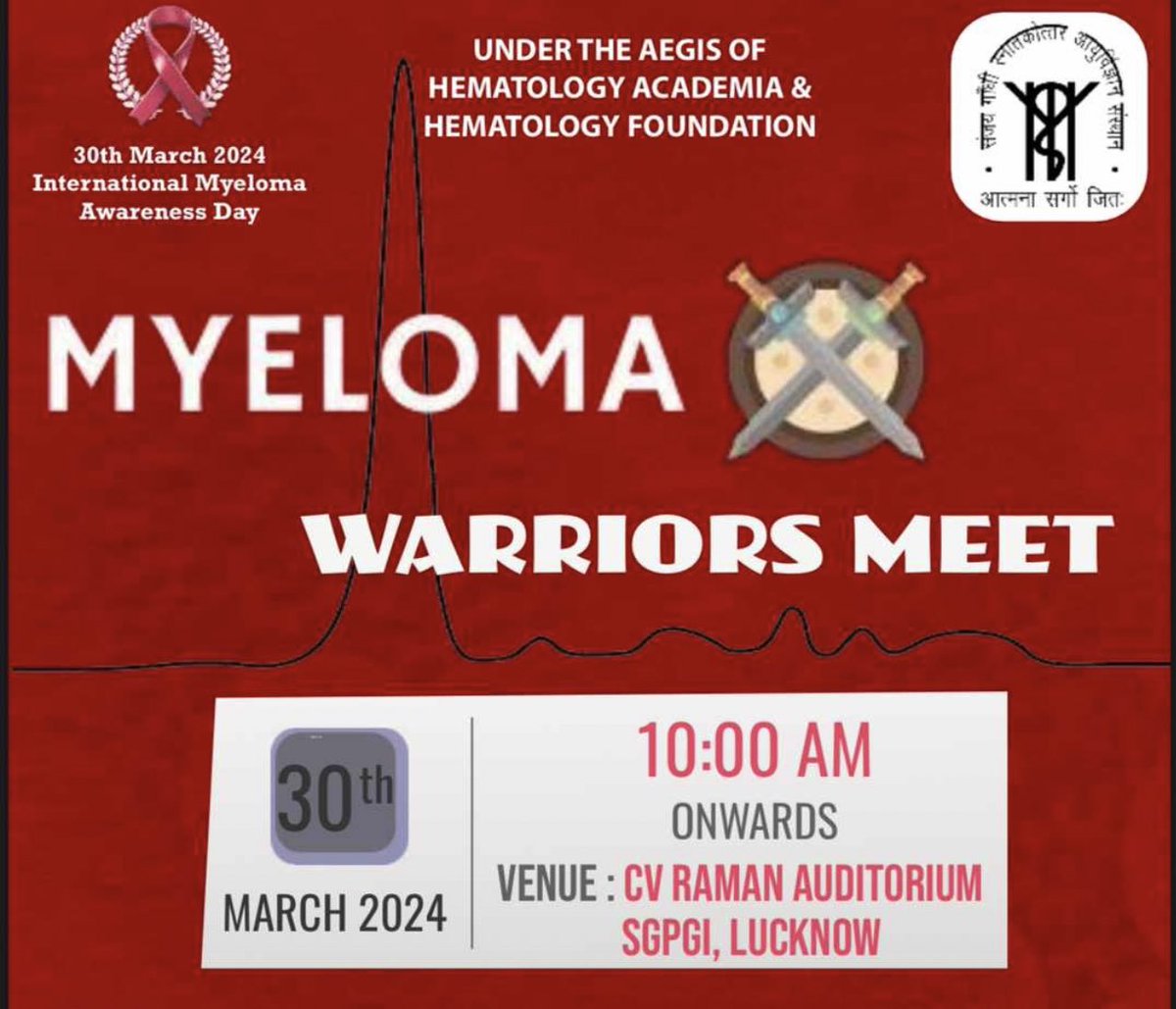 Hoping to meet my beloved patients and support group members and everyone associated with the war against myeloma tomorrow at SGPGI. This is a beautiful initiative of our dynamic @drsanjeev1980 to form a support group for patients with myeloma and is aptly named MYELOMA WARRIORS…