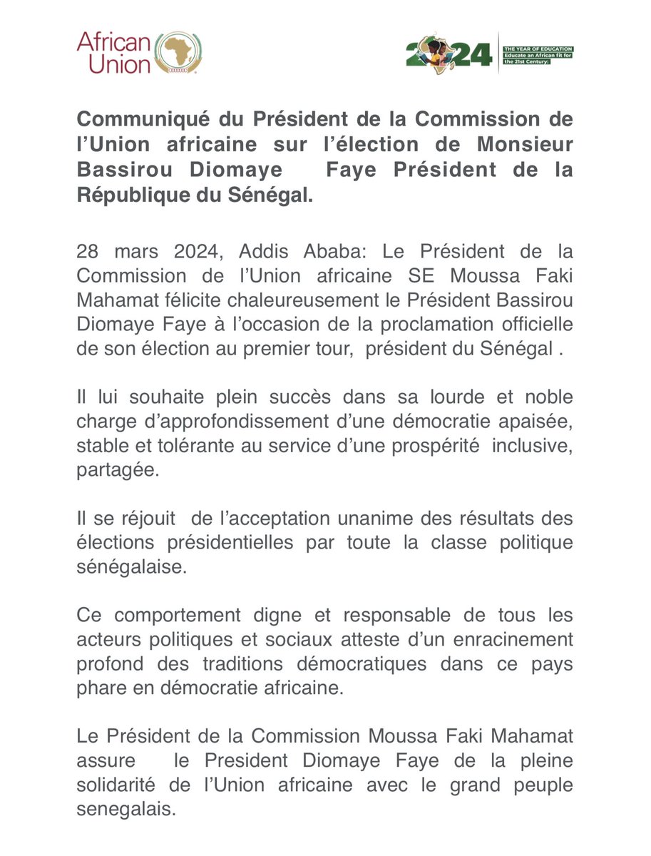Communiqué du Président de la Commission de l’Union africaine @AUC_MoussaFaki sur l’élection de Monsieur Bassirou Diomaye Faye Président de la République du Sénégal. au.int/fr/pressreleas…