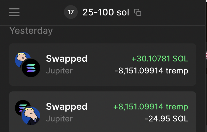 Nice start to the 25 - 100 sol challenge. Up to 30 sol by selling $tremp and already bought into a new coin.