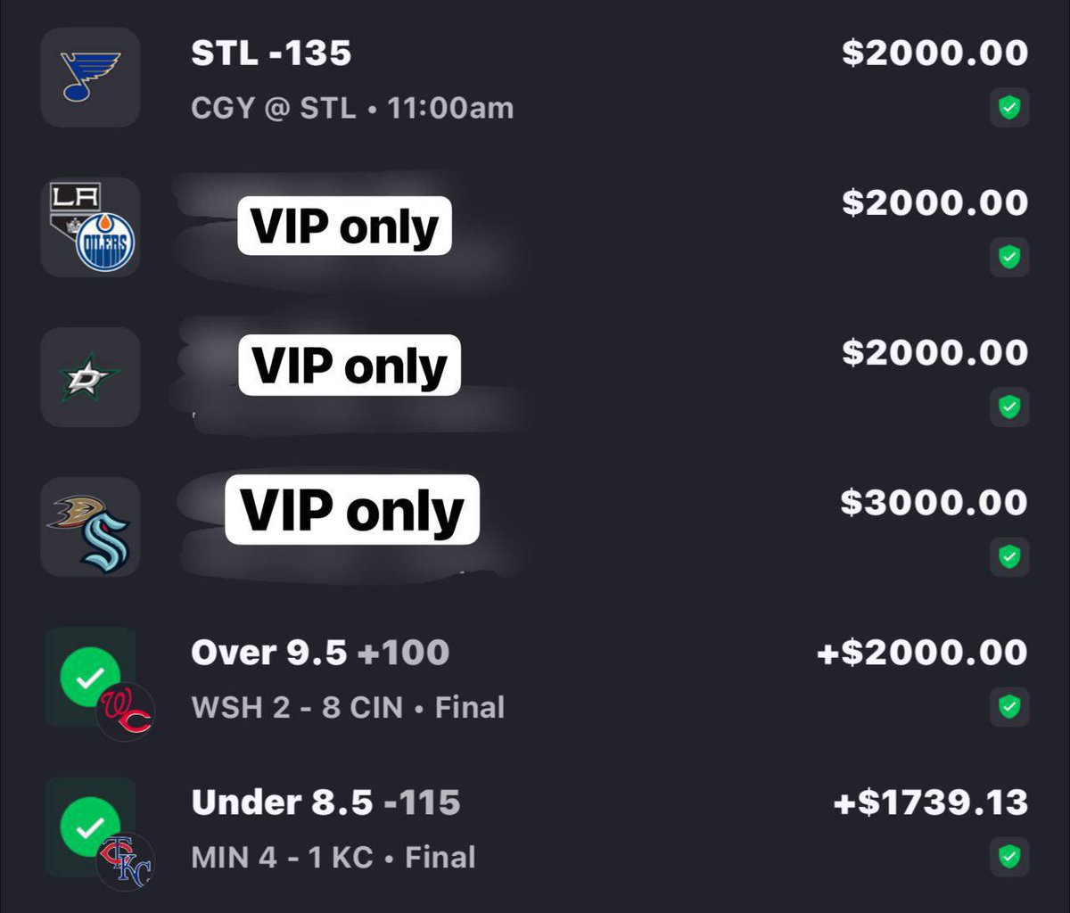 Sweep #MLB 

The 🐳’s won in VIP 

🏧🏧🐳🐳🐳

<a href="/Orioles/">Baltimore Orioles</a> 
<a href="/Nationals/">Washington Nationals</a> 
<a href="/Royals/">Kansas City Royals</a> 
<a href="/Twins/">Minnesota Twins</a> 

Now let’s smash
 #NHL
 <a href="/StLouisBlues/">St. Louis Blues</a> 
<a href="/NHLFlames/">Calgary Flames</a> 
#FreeBet 

VIP BETS POSTED 
Unlock VIP 🫵🏻🏧
<a href="/LateMailSC/">Late Mail Sports Capping 🏧</a> 

Join VIP $10 a week 
50 plays 

🏧🏧🏧🏧
🐳🐳🐳🐳