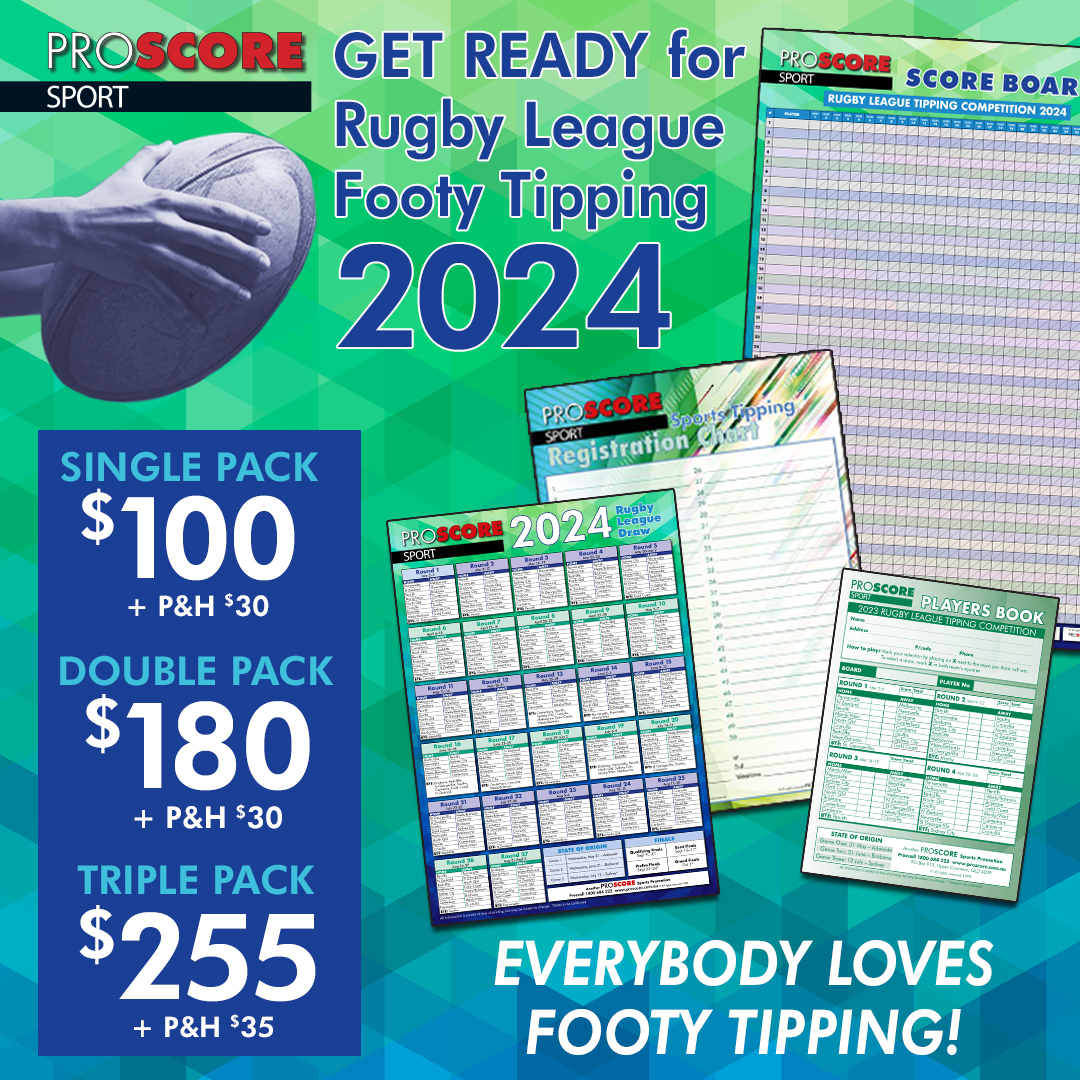 Proscore2's tweet image. Order Proscore&apos;s Rugby League Tipping packs for 2024 season.  Choose from single, double or triple tipping pack &amp;amp; extra players cards if needed.  Call 1800 684 222 or order online proscore.com.au/product-catego…
#proscore #proscoresports #proscorerugbyleaguetipping #rugbyleaguetipping
