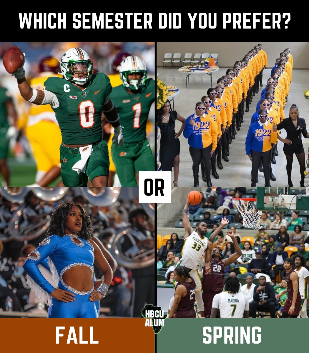 hbcualum's tweet photo. The Battle of the Semesters! Fall vs. Spring. Which one do (or did) you enjoy more? Let us know! π https://t.co/MYPdE71Fbf