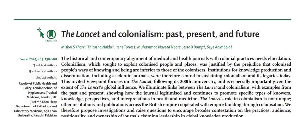 'The Lancet must divest from the power of its centrality that makes it perpetuate various forms of colonialism' @DrMishalK @NaiduThirusha @lairene1 @JesseBump @seyeabimbola & team thelancet.com/journals/lance…