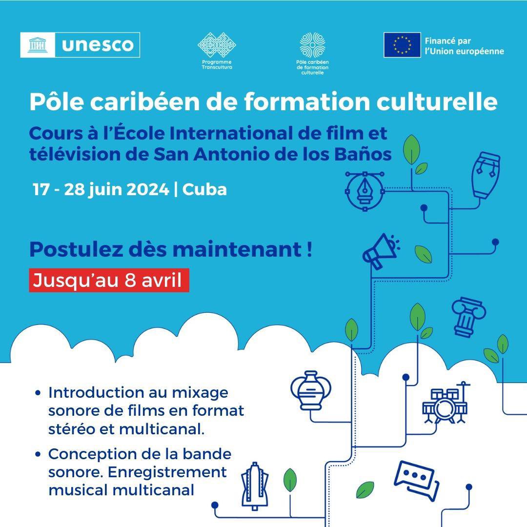 Appel à candidatures aux jeunes créateurs des Caraïbes Le programme @UNESCO #Transcultura, financé par l'#UE 🇪🇺, offre 2️⃣4️⃣ bourses pour de jeunes cinéastes des #Caraïbes dans le domaine du son pour le cinéma. ℹ️Postulez ici👉shorturl.at/ghEKL 📅Jusqu’au 8 avril