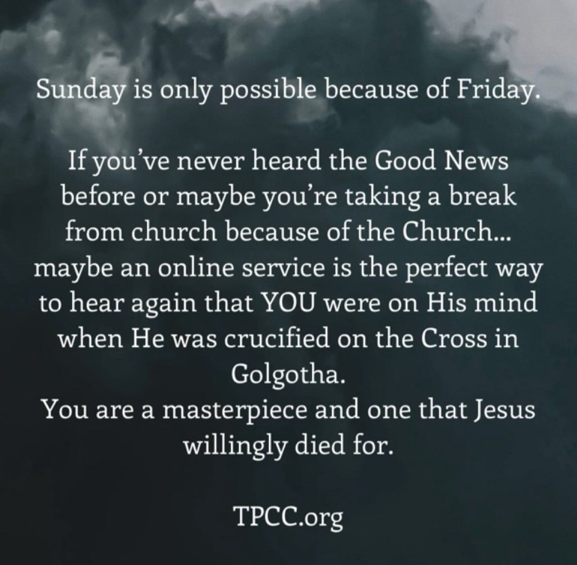 Tomorrow, <a href="/TradersPointCC/">Traders Point Christian Church</a> is offering three online services for Good Friday at 6, 7, and 8pm. It’s an opportunity to focus on what Jesus did for us on the Cross. 
You can watch and listen on traderspoint.tv, YouTube, or Facebook Live.