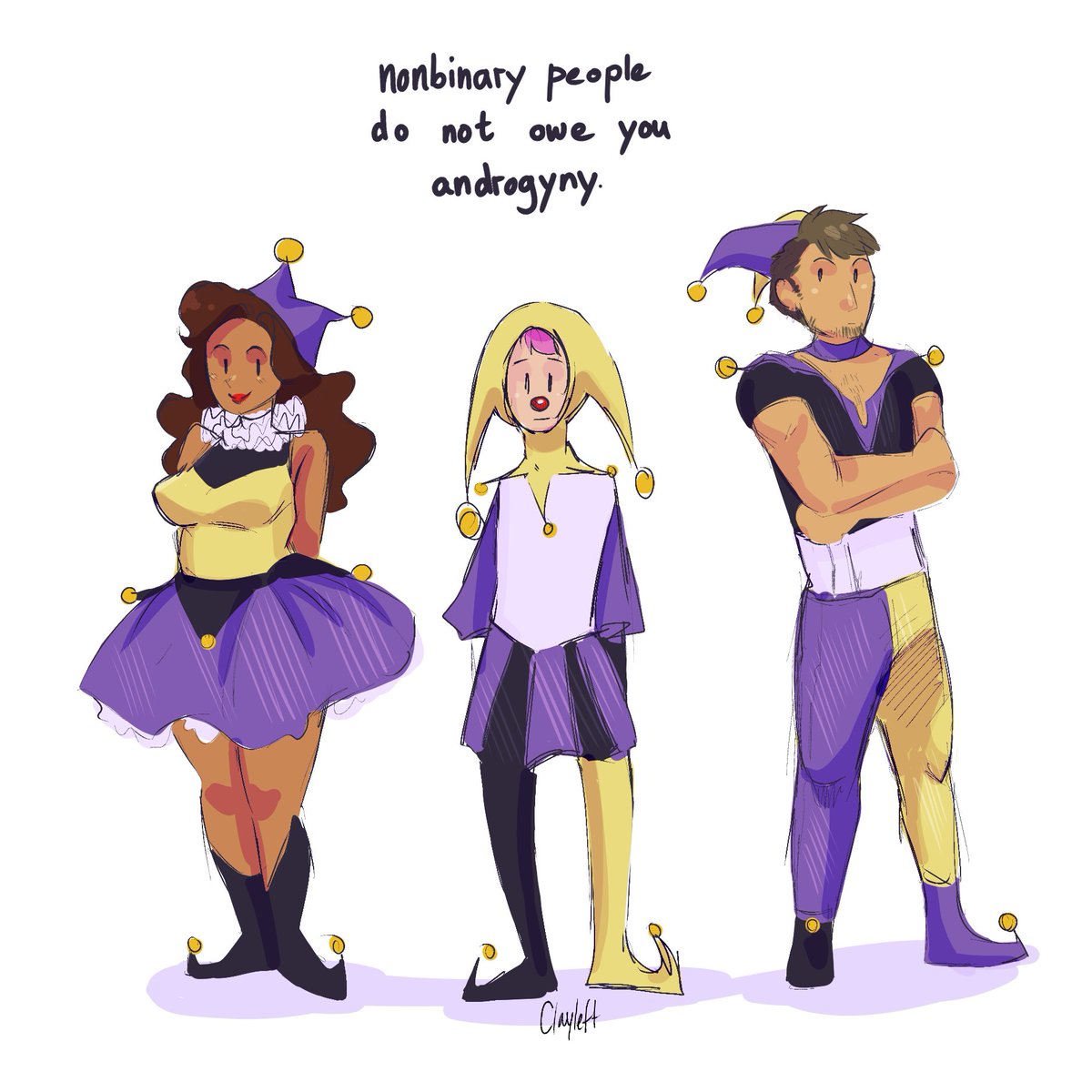 Duckyhasleft's tweet photo. Been seeing a lot of negative talk about nb people presenting masculine and/or feminine. The way someone presents themselver is NEVER an excuse to misgender them 💛🤍💜🖤 https://t.co/s2cCvl0edY