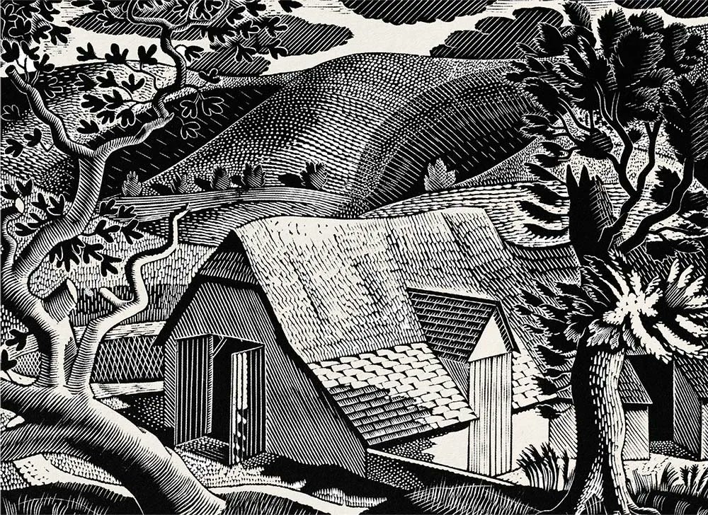 Good morning - I hope you slept like a knackered spaniel - I'm starting with ‘Sussex Landscape’, Eric Ravilious, wood engraving, 1931. PART OF THE EASTER WEEKEND 30% DISCOUNT SALE. rathergoodart.co.uk/product/eric-r… #ericravilious #ravilious #sussex