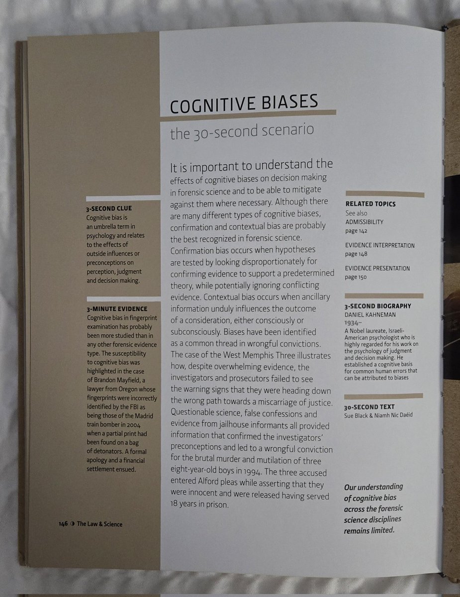 Currently in Lawrenceville, GA to testify, and I impulse-bought this coffee table book on forensic science from a cute local bookstore 📔 It wasn't until later that I saw it has a whole section on cognitive bias! 🤗 How far we've come since 2013...