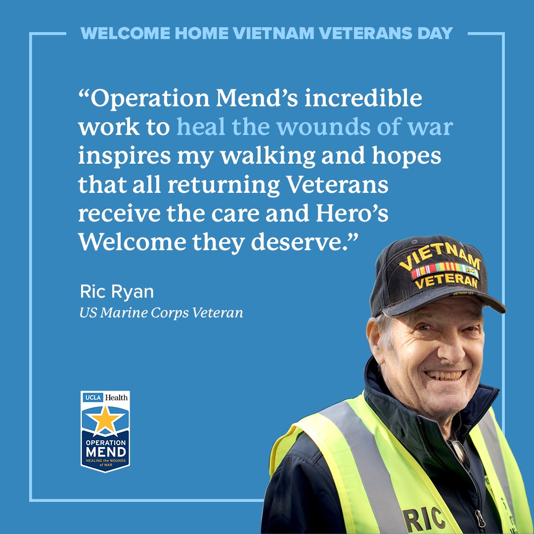 Today, we honor the end of U.S. involvement in the Vietnam War. Inspired by Ric Ryan's support for our mission to heal #Veterans' wounds, we're dedicated to giving Vets the hero's welcome they deserve.🙏💙Thanks for your faith in us! #WelcomeHome #VietnamVeteransDay @UCLAHealth