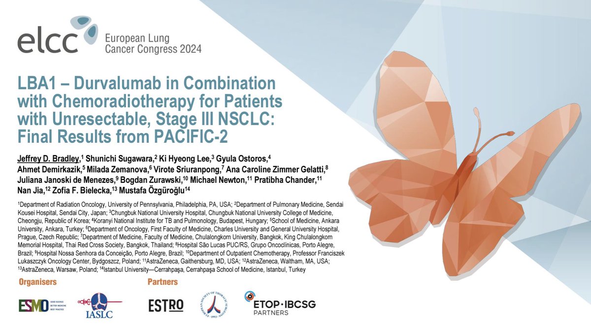 At the risk of stirring up trouble with my #RadOnc friends, let's talk about PACIFIC 2, presented by @JeffBradleyMD at #ELCC24. To me it disappoints and dispels some mythology about CRT for stage III patients. I would love to hear everyone's thoughts.