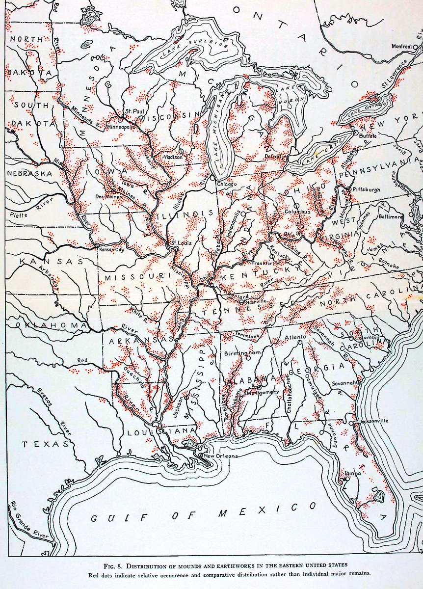 I have to routinely show this map because there are so many new followers. This is an 1894 map by the Smithsonian's Bureau of Ethnology showing the mound sites they had identified at that time--but only in the eastern half of the USA. The red dots are sites, many with multiple…